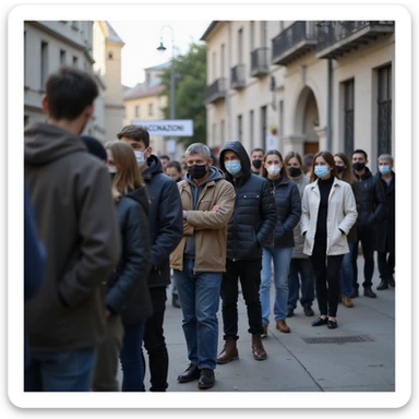 photo-realistic documentary style, diverse group of people in casual clothes in line at a vaccination center, some masked, clear 'Vaccinazioni' sign, urban or suburban, soft light, 4K resolution sticker