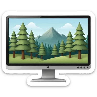 Minimalistic flat vector icon, iOS style, thin black contour on white background. Computer monitor with a simple forest scene on the screen (trees, minimal landscape). Clean, no text, no shadows sticker