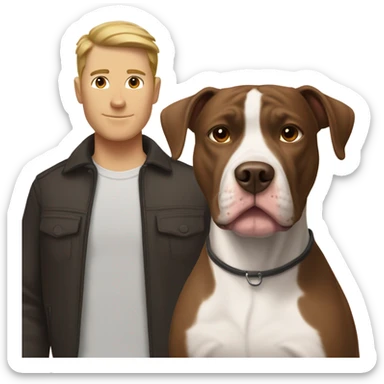 white male with dark brown hair and 5 o'clock shadow standing alongside a white and brown pitbull sticker