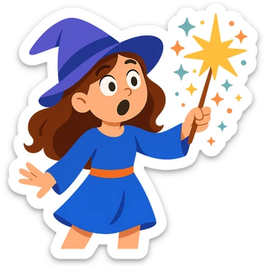 Make the brunette girl witch casting a spell look surprised, keep her whimsical and magical, vibrant toon style, no background. sticker