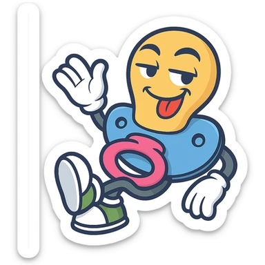 Create the pacifier character leaning back with one leg crossed over the other, relaxed mischievous expression, keeping the same style, colors, and personality as the reference image. Transparent background. sticker