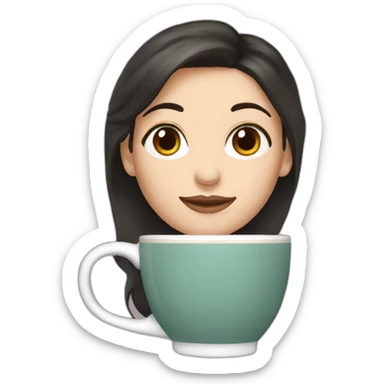 White woman with brownish black hair, hazel eyes and a big mug of tea sticker