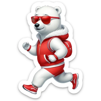 friendly anthropomorphised polar bear jogging upright, wearing bright red tracksuit and dark sunglasses sticker