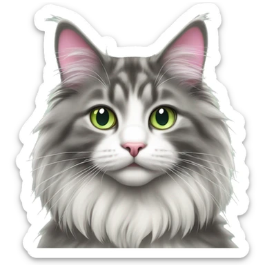 Grey and white Norwegian forest cat with pink nose and green eyes sitting up  sticker