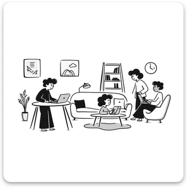 escenary 3d of a cozy mid-century living room with two people working on laptops, one man standing at a desk, and one woman sitting on a couch sticker