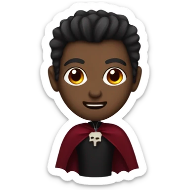 vampire, with brown skin red eyes, with two fangs wearing a burgundy and red  cape sticker