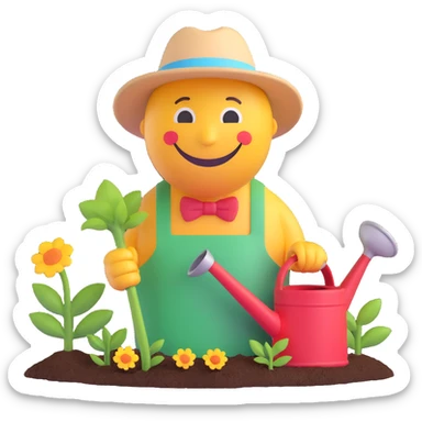 3D smiley emoji, round shape, grandfather gardening with a watering can, green color, smiling face sticker
