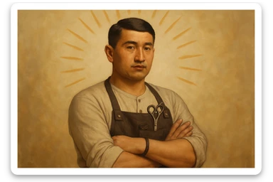 shu pozada turgan sartaroshni tuzib ber uzbek bo'lsin realistik janrda soch turmagi oddiy soqol shart emas sticker