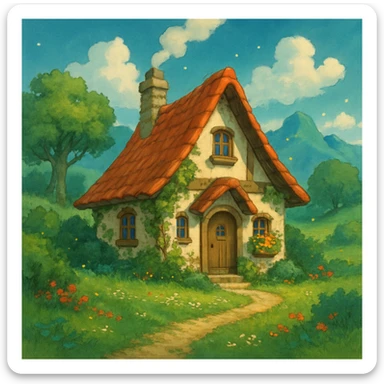 a cozy cottage in a magical landscape, ghibli style sticker