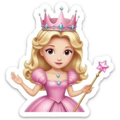 Glinda the Good Witch with blonde hair, sparkly crown, pink puffy dress, and magic wand sticker