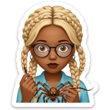 black girl with blond boho braids and clear glasses eating a spider  sticker