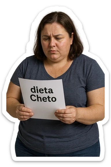 donna realistica leggermente in sovrappeso che legge un foglio con la scritta "dieta Cheto", sfondo bianco, iperrealistica 4k, IPERREALISTICA 4K sticker