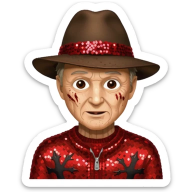 Freddy Krueger with tan burned skin, red sequin sweater, dark brown sequin jacket and hat sticker