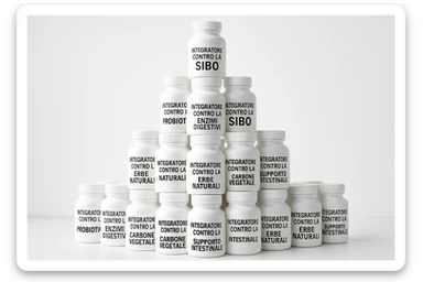 montagna di barattoli di integratori contro la SIBO con etichette in italiano sticker