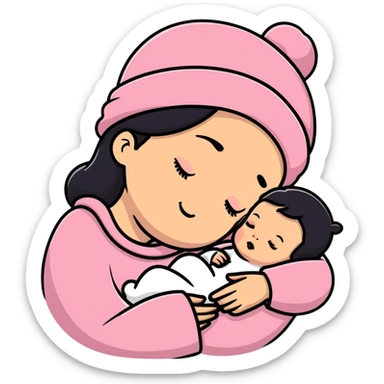 mother tenderly holding sleeping newborn baby wearing pink knit hat sticker