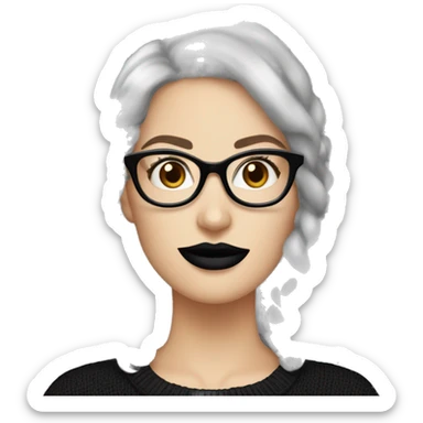 Attractive Caucasian woman with long grey wearing wire frame glasses and black lipstick; black sweater, she has a slightly upturned French nose sticker
