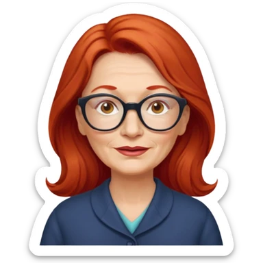 obese; older 50's ; long red hair ; women hazel eyes; glasses sticker