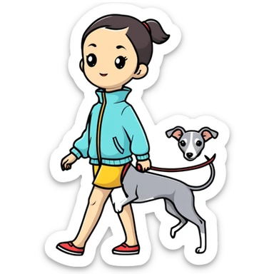 Asian girl walking an all grey Italian greyhound sticker