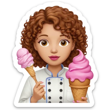 woman brown curly hair, chef, eating pink ice cream sticker