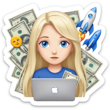 create pack of stickers where me (girl with blue eyes and long fair har) working with Meta ads, it could be facebook logo, tablue logo, google sheets logo, money, data tables, rocket, My Drama app logo or me watching vertical series etc. sticker