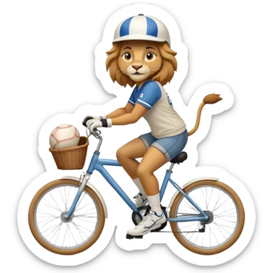 confident anthropomorphised female lion wearing a baseball shirt, jeans, trainers, and a cycling helmet, riding a bicycle sticker