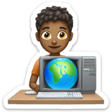 A boy with a computer and the planet Earth behind sticker