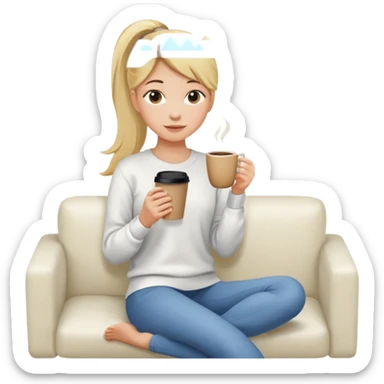girl with long blonde ponytail holding coffee cup sitting on white couch sticker