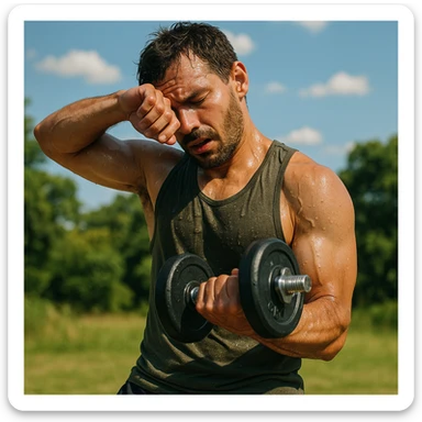 uomo fitness che si allena in estate, tutto sudato, con una mano fa un curl manubri mentre con l'altra mano si asciuga il sudore dalla fronte, espressione affaticata in volto sticker