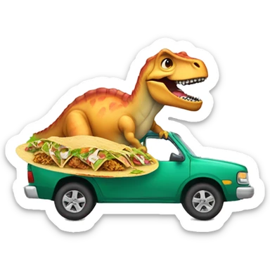 dinosaur in car with tacos sticker