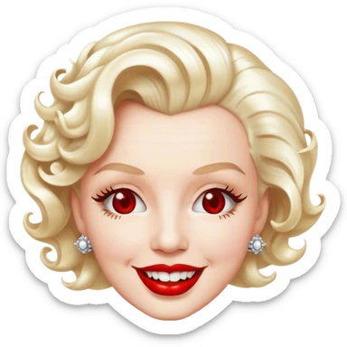 Cinematic Realistic Marilyn Monroe Emoji, featuring a glamorous, high-detail portrayal of the legendary Hollywood star. Her iconic platinum curls, radiant smile, and signature red lips are illuminated by dramatic, vintage-style lighting, evoking the timeless allure of classic cinema. sticker