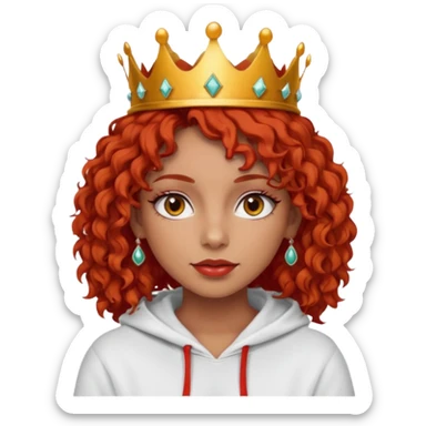 
Slim girl with a fine face, dark and tanned skin, medium-length curly tomato-red hair, dark eyes, medium-thick eyelashes, and a crown and earrings, wearing a white hooded sweatshirt. sticker