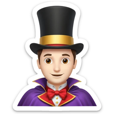 circus magician portrait, head and shoulders only, top hat, cape collar, confident smile, magical vibe, 3D cartoon, mobile game icon style, clean background, no text, no watermark
 sticker