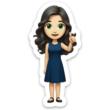 
a brunette with long hair and green eyes, with red lips and in a dark blue dress shows a thumbs up sticker