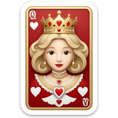 a playing beige and white card depicting the Queen of Hearts in gold sticker