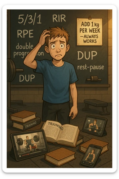 Giovane neofita in palestra, con uno sguardo perso davanti a una lavagna piena di metodi di progressione (5/3/1, RIR, RPE, double progression, DUP, rest-pause). È circondato da libri di allenamento e video tutorial su tablet e smartphone. Dietro di lui, un cartello piccolo ma chiaro: 'Aggiungi 1 kg a settimana – funziona sempre'. Atmosfera caotica intorno, ma luce calda sul messaggio semplice sticker