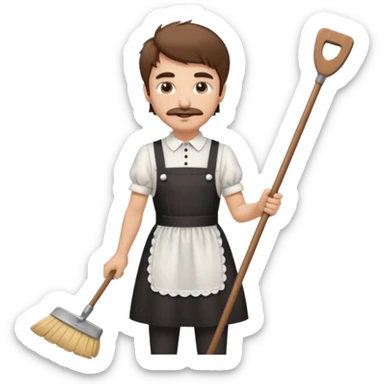 Guy with short shaggy brown hair , a mustache, wearing a cute maid dress, sweeping sticker