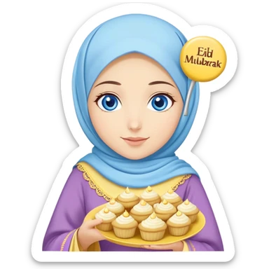 Turkish beautiful finish Konya girl blue eyes with lila yellow hijab islamic dress and had on her hand text Eid Mubarak with sweets and celebrating with her friends eid days   sticker