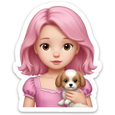 A little girls with a beautiful pink dress and a fluffy puppy face sticker