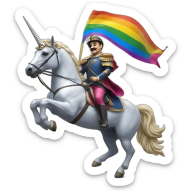 Hyperrealist Francisco franco ride a unicorn with a lgtbi flag sticker