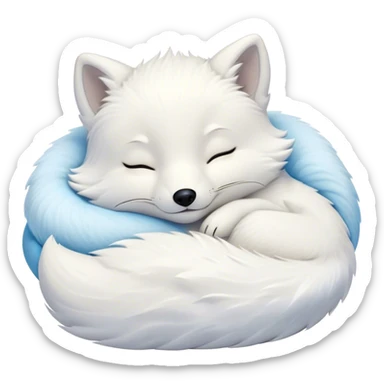 Meme-Worthy Cute Sleeping Arctic Fox Portrait Emoji, Head resting peacefully with a contented smile, showcasing a compact, agile build and a luxuriously soft white Fur with delicate icy blue accents, eyes shut in a serene, restful nap, Simplified yet hilariously adorable features, highly detailed, glowing with a soft, drowsy light, high shine, relaxed and utterly lovable, stylized with an air of playful laziness, bright and heartwarming, soft glowing outline, capturing the essence of a comically sleepy arctic fox, so meme-worthy it feels like it could instantly become the next viral sensation of adorable slumber! sticker