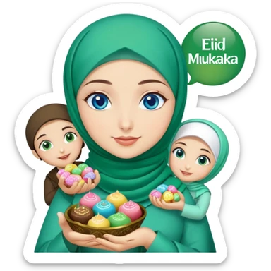 Turkish beautiful finish Konya girl blue eyes with green emerald hijab islamic dress and had on her hand text Eid Mubarak with sweets and celebrating with her friends eid days   sticker