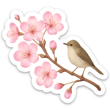 pink cherry blossom with a tiny bird, no background sticker