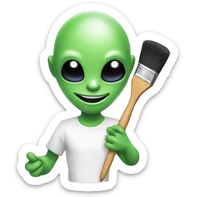 an alien holding a paintbrush while smiling sticker