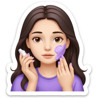 brunette girl with long hair applies lavender cream to her face sticker