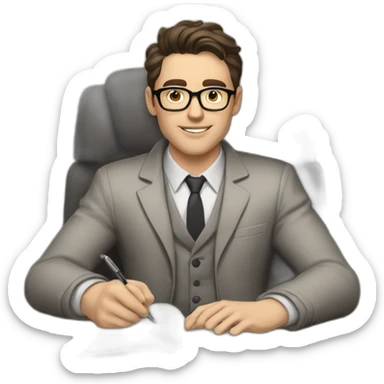 Pale skinned Fit Man With dark brown hair in gray jacket, beige office shirt and vintage glasses sitting In a soft chair with a notebook with emblem Ψ and a pen in his hands sticker