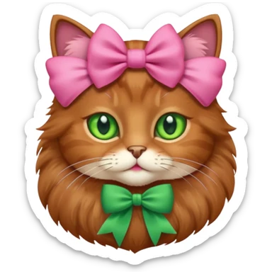   brown cat with green eyes and a pink bow sticker