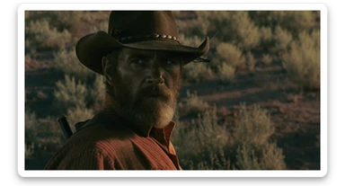 Cinematic , documentary photography, top angle medium shot, cowboy look eye brave, hard light golden hour, desert arizona, shot on IMAX Camera, 80s movie sticker