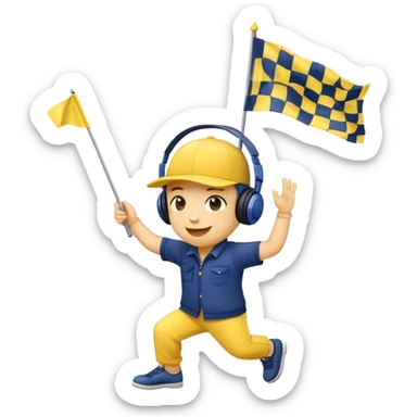 I want a yellow circle emoji (not a human emoji) holding a yellow and navy blue checkered flag in both hands, wearing a yellow and navy blue hat, dancing, smiling, and listening to music (with headphones or music notes visible).” sticker
