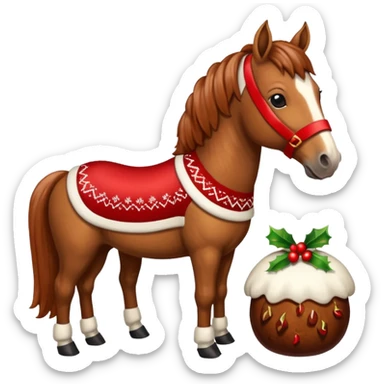 Xmas horse with red bows and a Christmas pudding jumper sticker