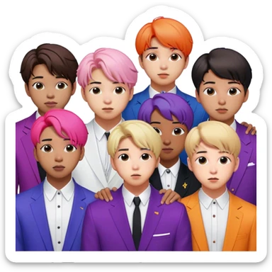 Cinematic Realistic group portrait of BTS featuring all 7 members in stylish modern attire, with detailed facial expressions and vibrant colors, captured in dynamic, contemporary lighting that emphasizes their global pop icon status sticker